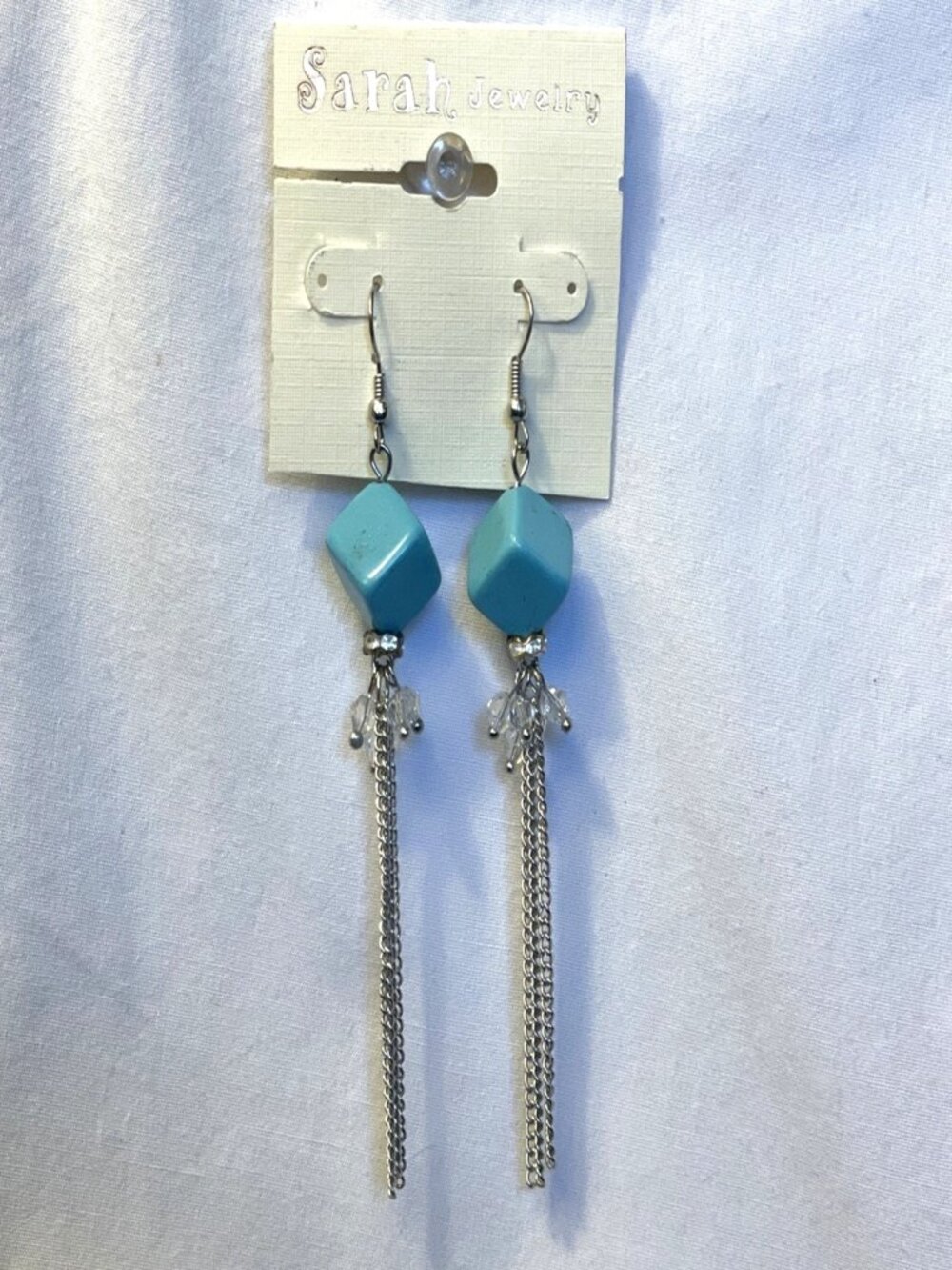 Faux Turquoise Cube Dangle Earrings Silver Chain Tassel Rhinestone Clear Beads